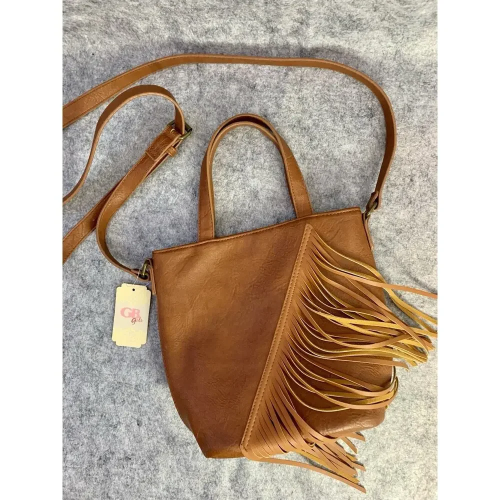 NWT GB Girls Boho Fringe Purse, Vegan Leather Boho Festival Bag Crossbody Adjust
